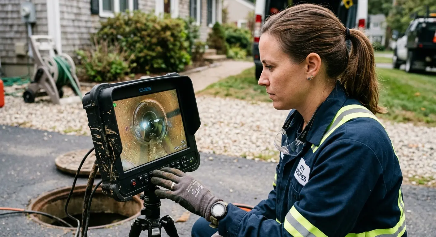 Technician reviewing sewer camera inspection footage in Dearborn