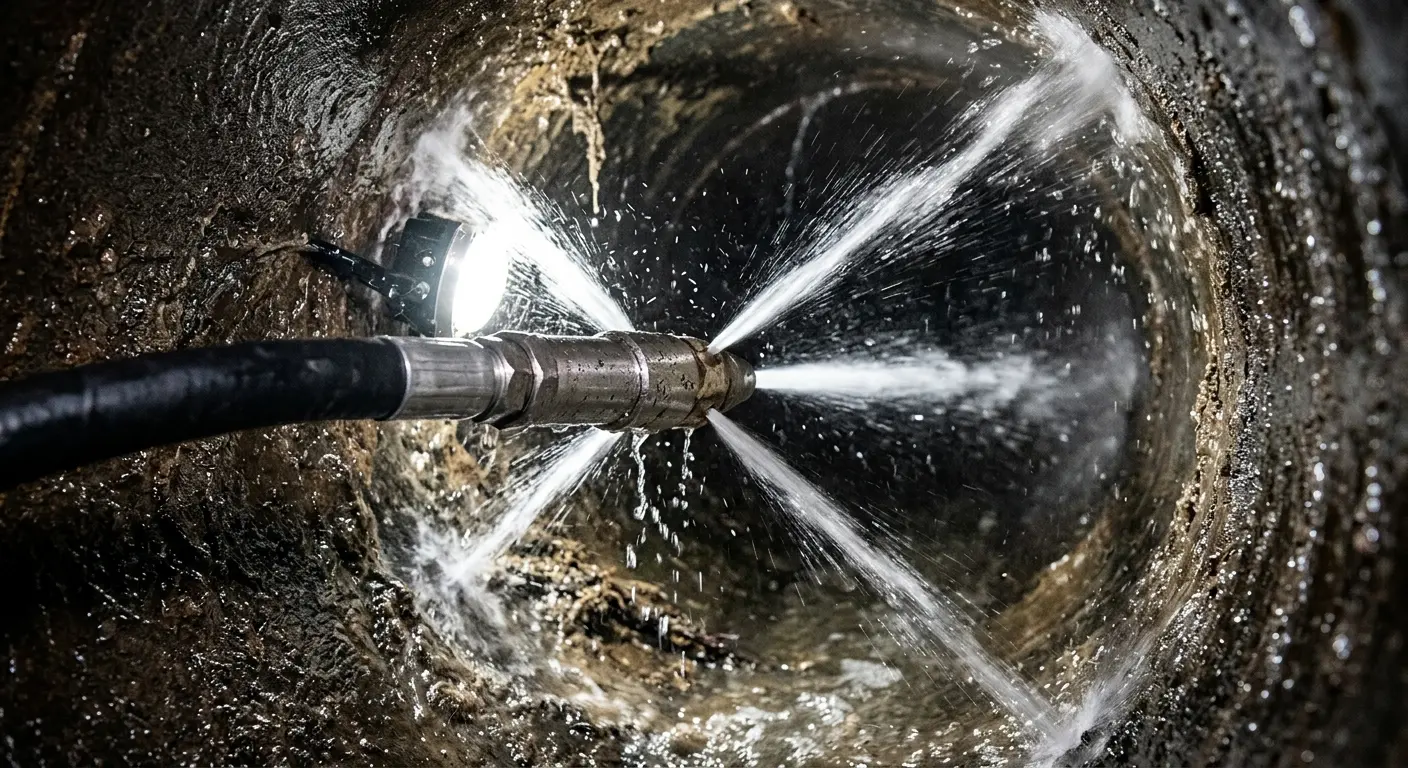 High-pressure hydro jetting nozzle cleaning sewer pipe for Trenchless Sewer Repair in Dearborn