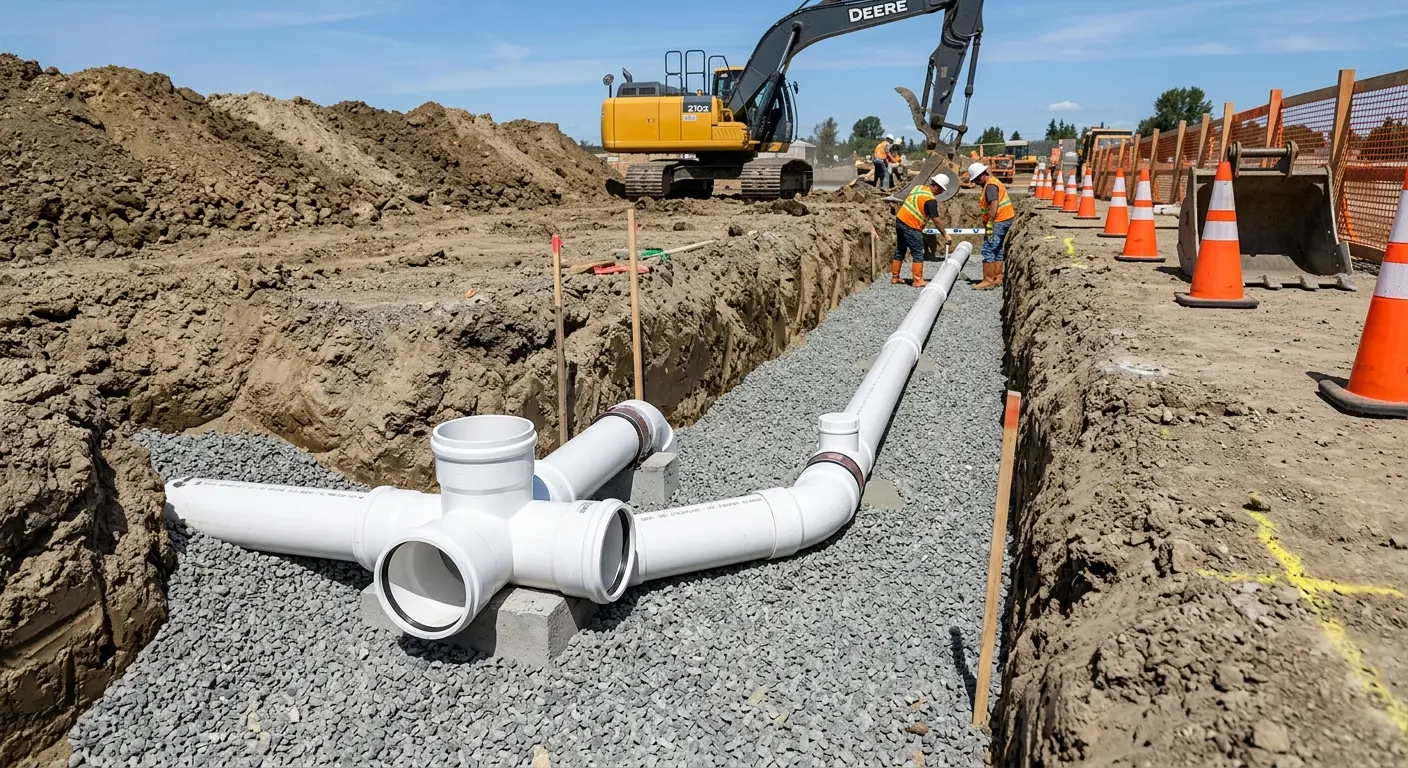 New PVC sewer pipe installation in open trench for Commercial Drain Cleaning in Dearborn