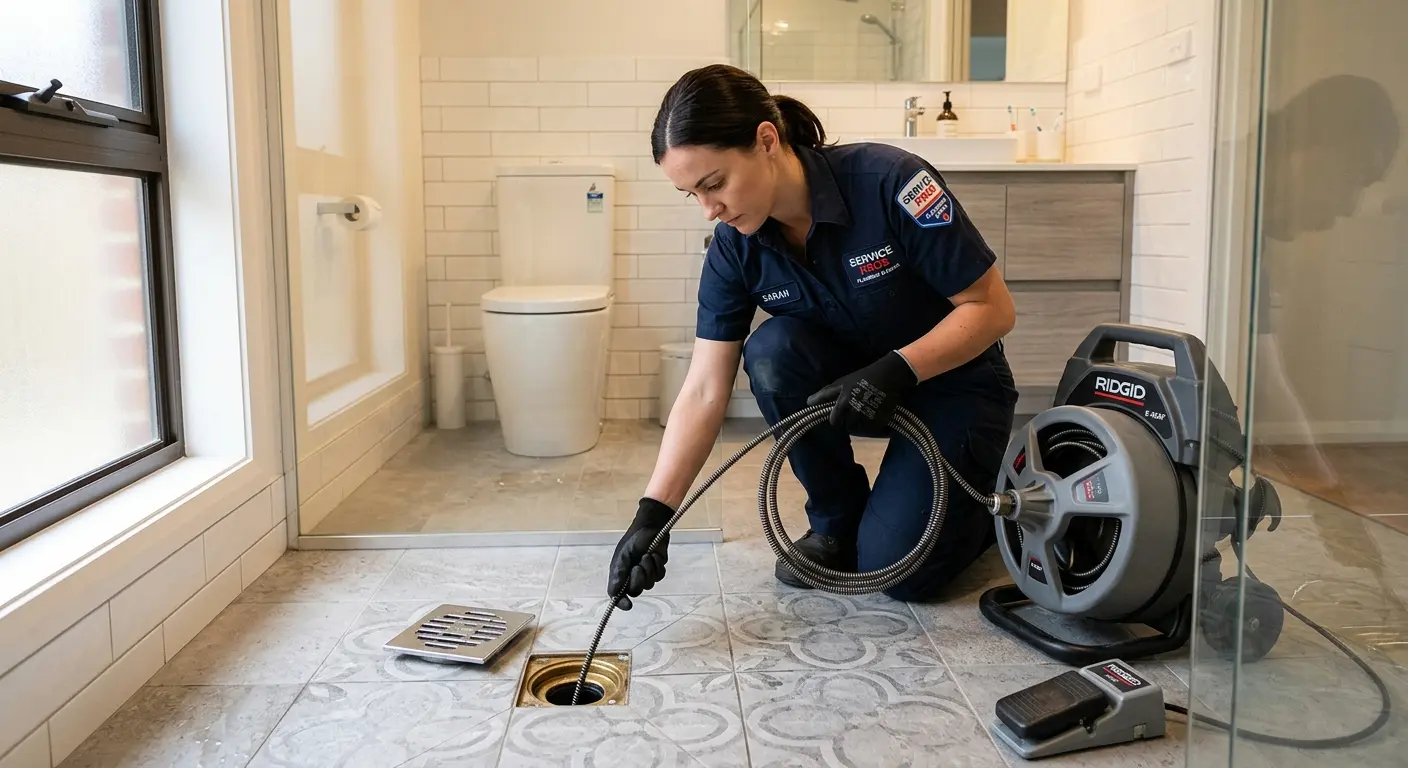 Technician clearing a bathroom floor drain for Drain Repair in Dearborn